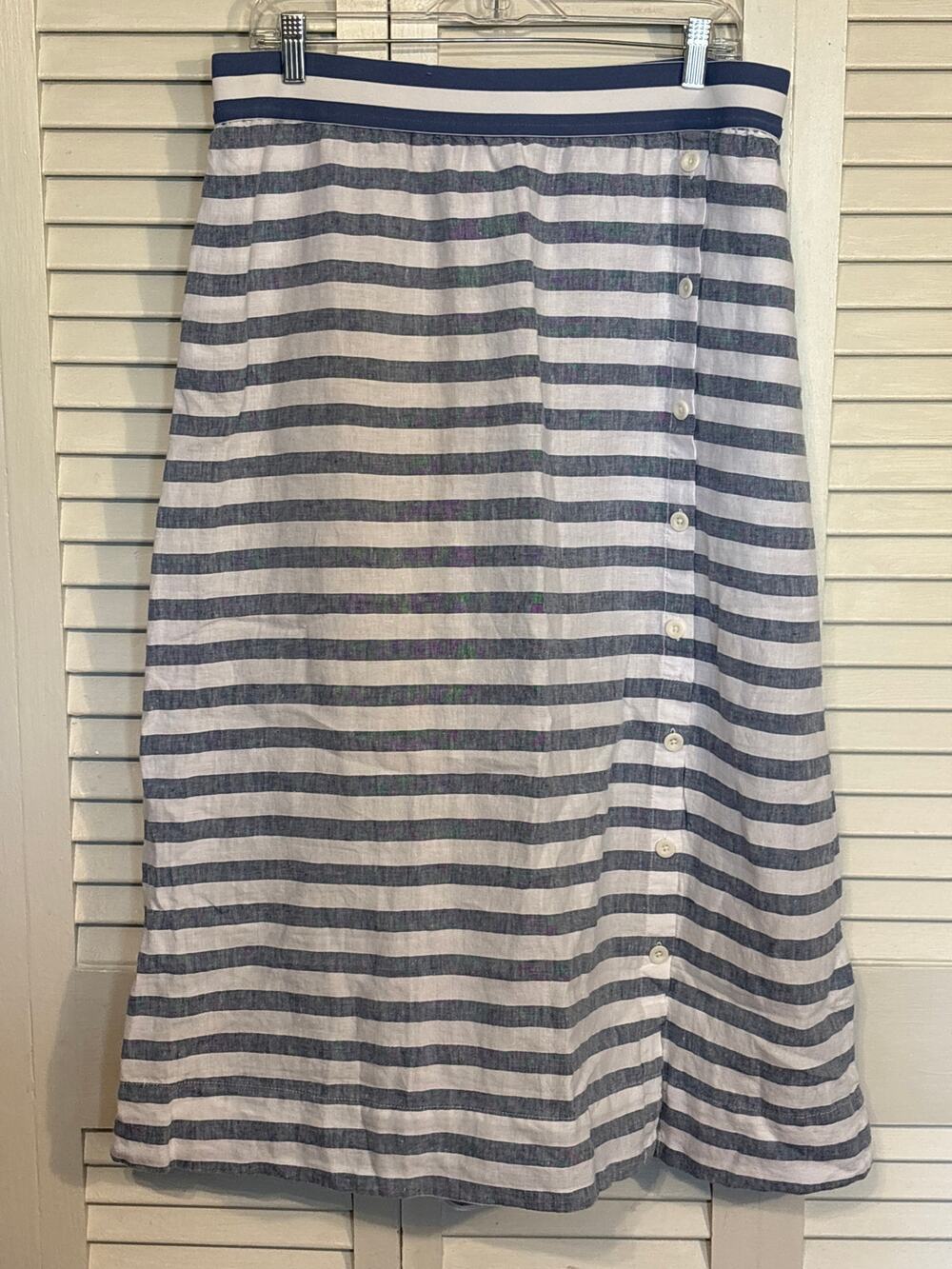 J. Jill Women's Large Love Linen Maxi Skirt Blue Striped Side Button Pockets - Picture 1 of 6